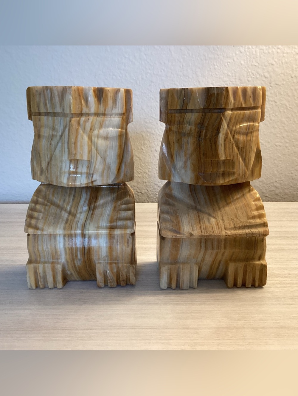 Vintage Mexican  Aztec/Mayan Carved Onyx Stone  Bookends 7” Statues - IEC